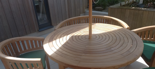 Providers of Turnworth Teak 150cm Round Ring Table Set with Banana benches and arm chairs UK