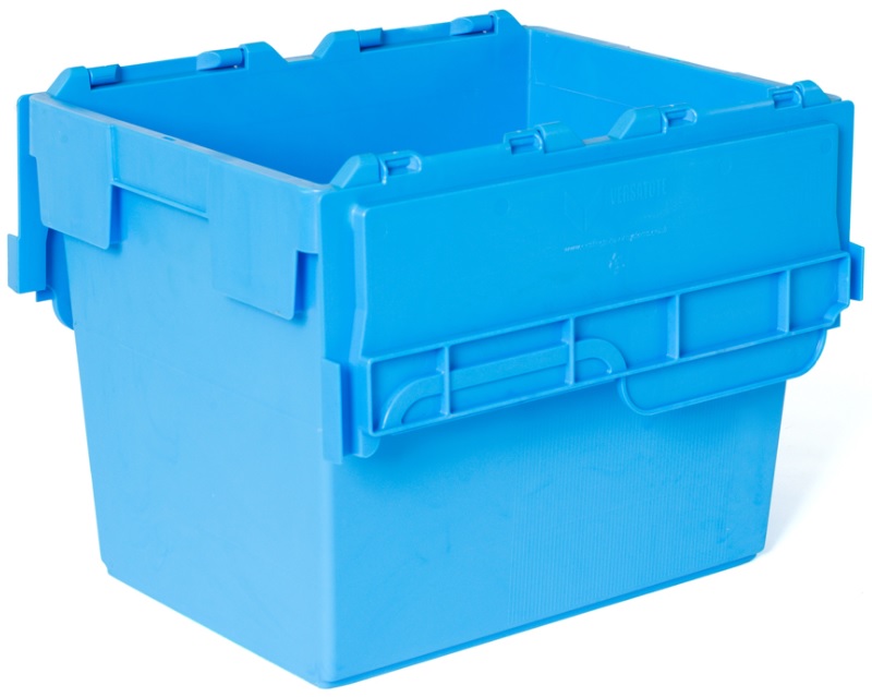 UK Suppliers Of 600x400x300 Blue Attached Lidded Crate Plastic Container Pk of 4 For Food Distribution