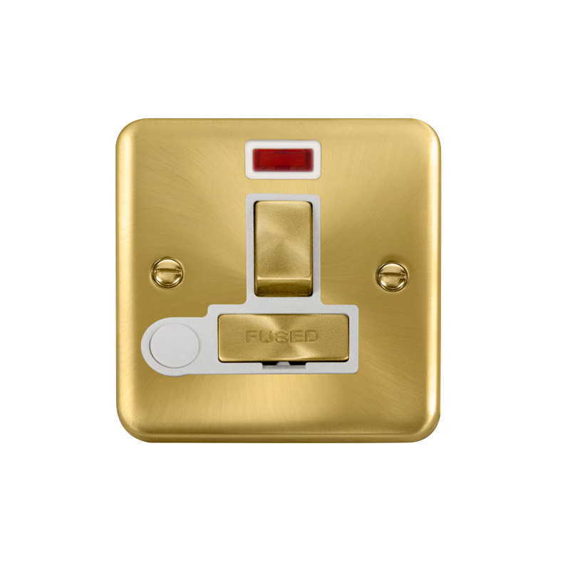 Click Deco Plus Switched Fused Spur Satin Brass White Inserts Neon Light + Flex Outlet