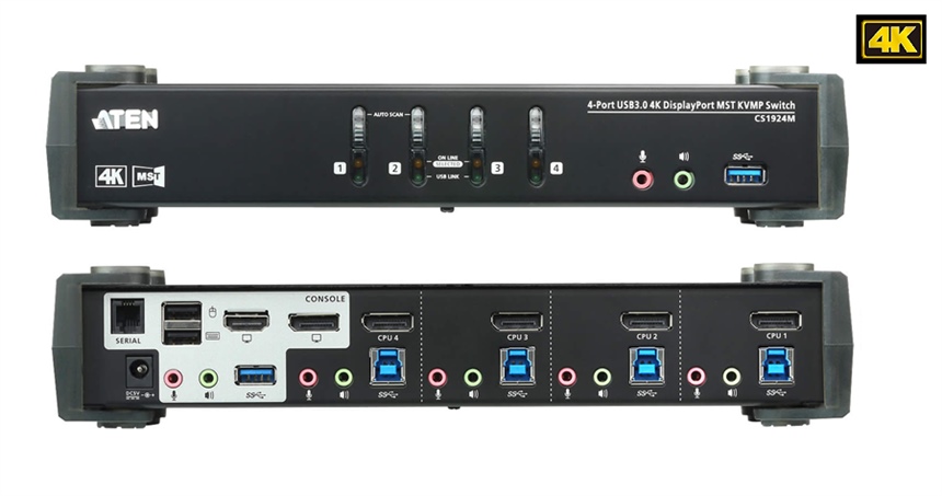 CS1924M - Aten - 4 Port, USB 3.0, True 4K, DisplayPort with HDMI - MST, Desktop KVM-P Switch 4K KVM &#64; 60 Hz (Cables included)