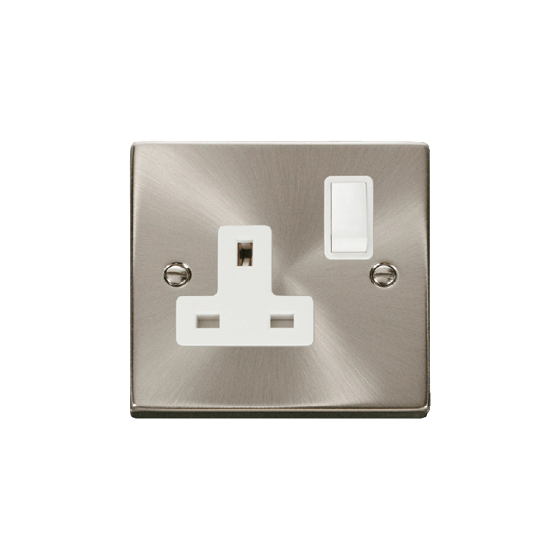 Click Deco 1 Gang 13A DP Switched Socket Outlet Satin Chrome Insert White