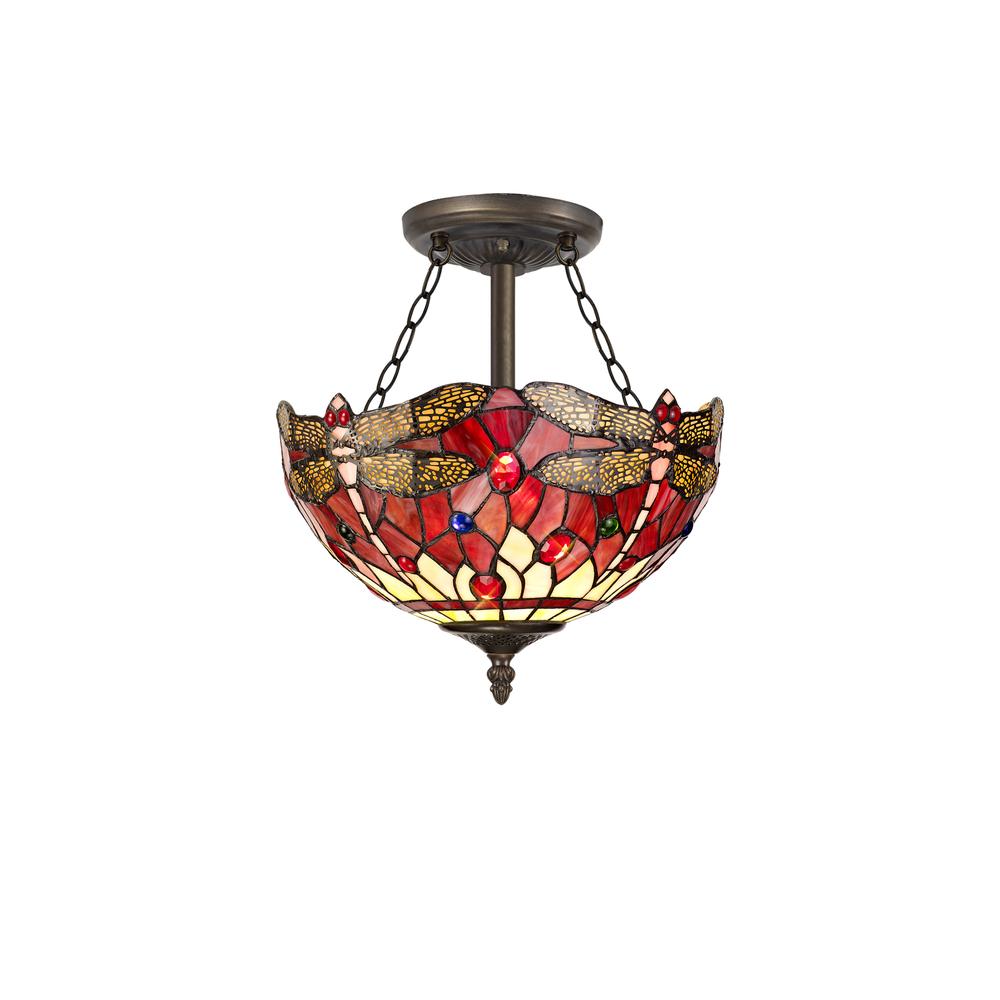 Luxuria Broadway 3 Light Semi Flush E27 With 30cm Tiffany Shade Purple/Pink/Crystal/Aged Antique Brass