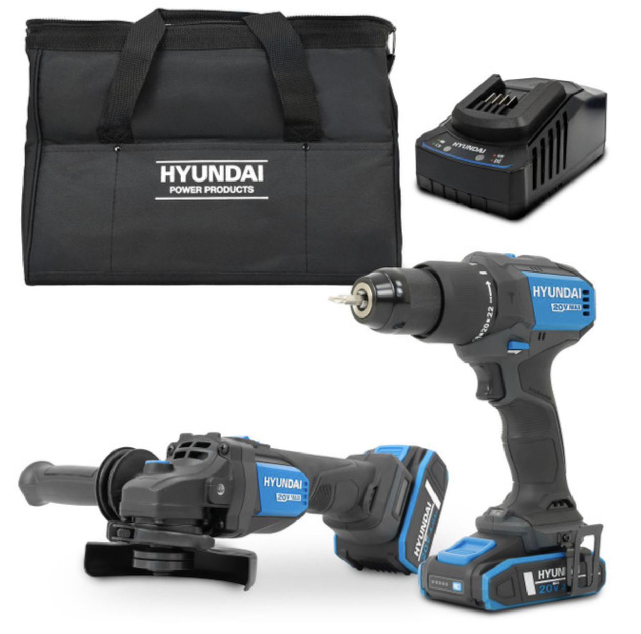 Hyundai 20V Cordless Hammer Drill 60Nm and Angle Grinder 115mm Brushless Kit, inc. 2.0Ah and 4.0Ah Li-ion Battery and 2A Charger 