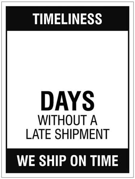 Timeliness … Days without a late shipment, 300x400mm rigid PVC with wipe clean over laminate