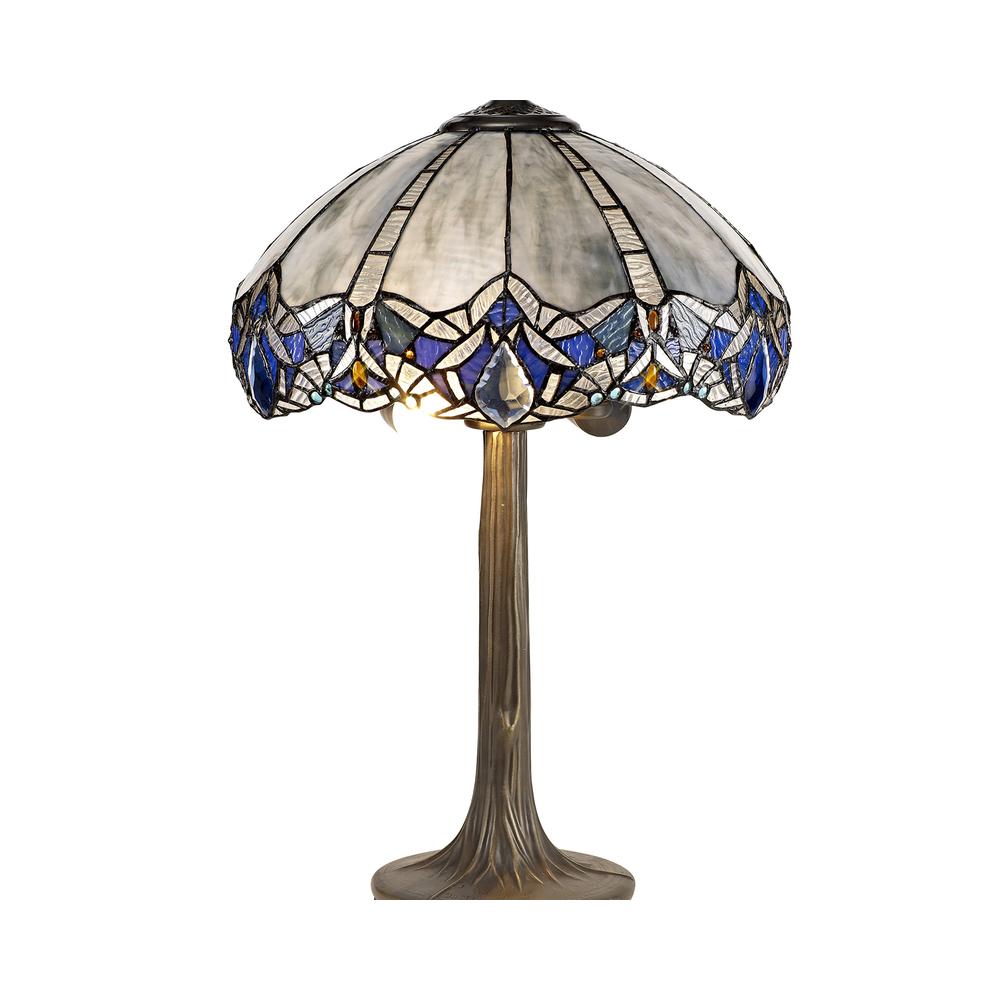 Luxuria Axis 2 Light Tree Like Table Lamp E27 With 40cm Tiffany Shade Blue/Clear Crystal/Aged Antique Brass