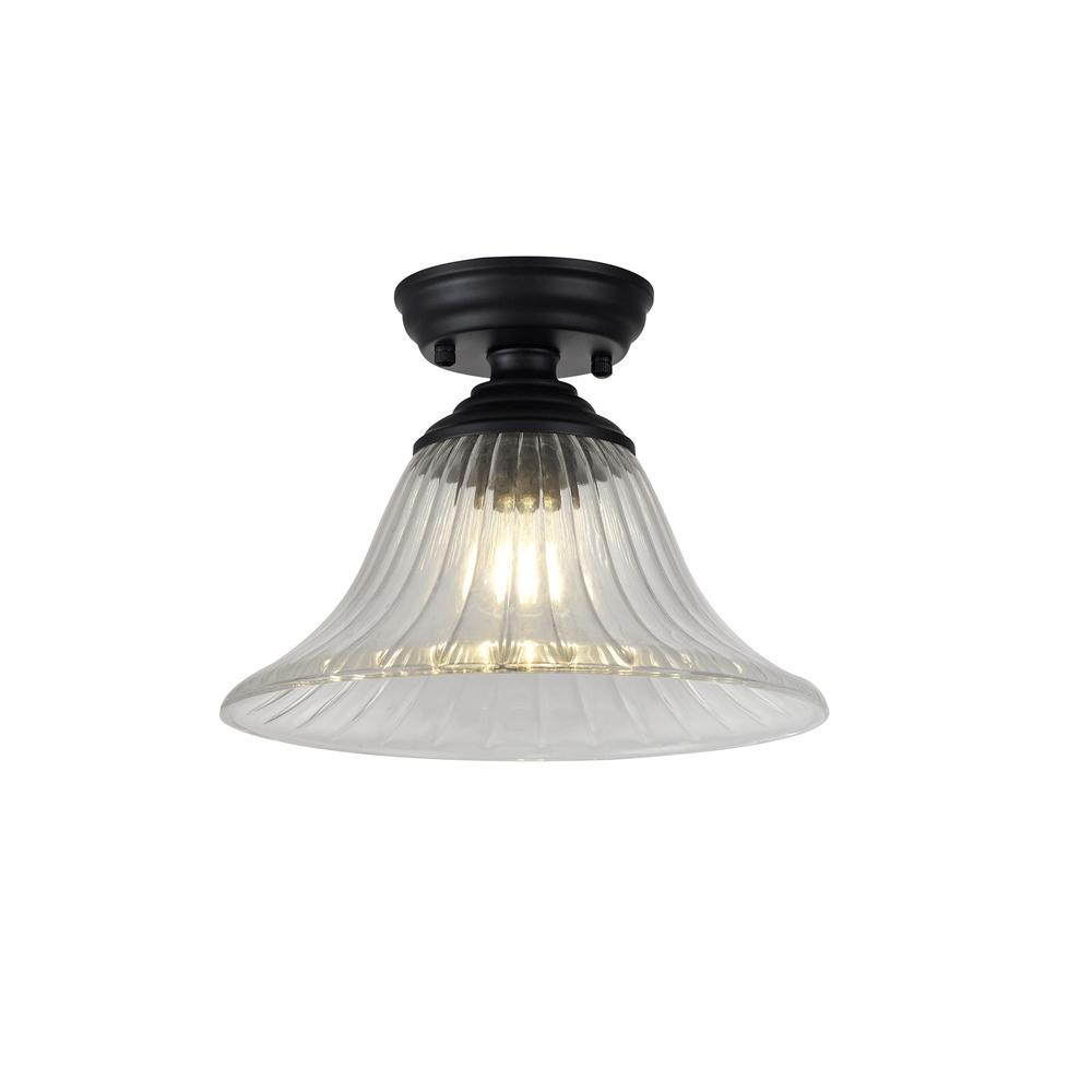 Luxuria Sirius Flush Ceiling Light E27 With Bell 30cm Glass Shade Matt Black/Clear