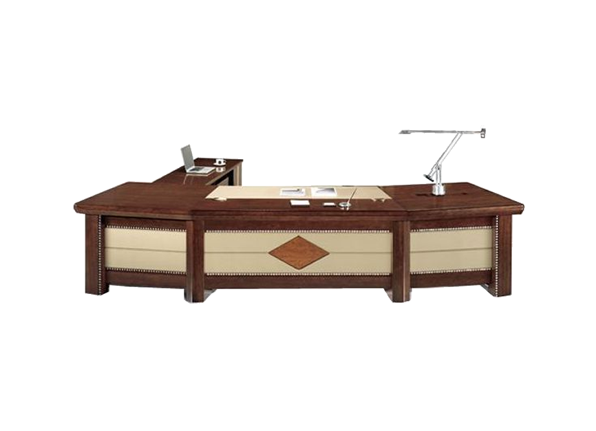 Providers Of Large Curved High Quality Executive Office Desk with Cream Leather Paneling - With Pedestal and Return - 2800mm / 3000mm / 3200mm / 3400mm - UTB323