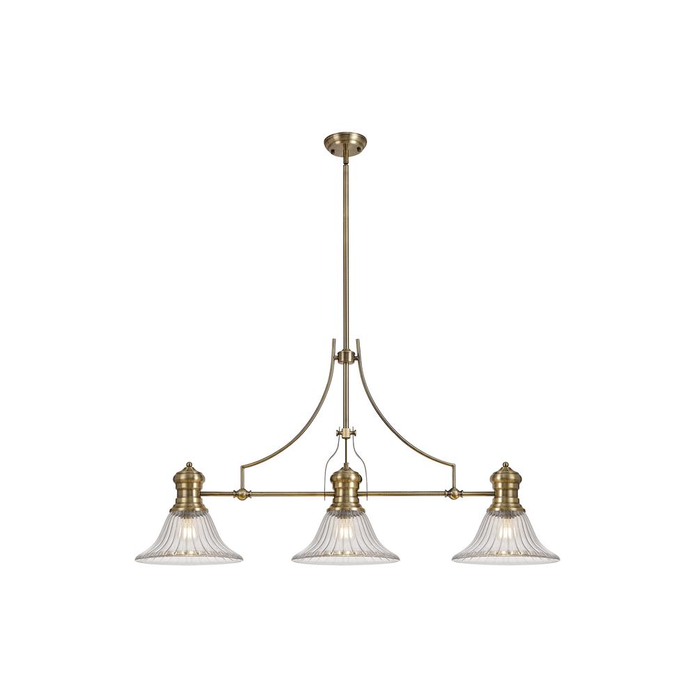 Luxuria Serena 3 Light Linear Pendant E27 With 30cm Bell Glass Shade Antique Brass Clear