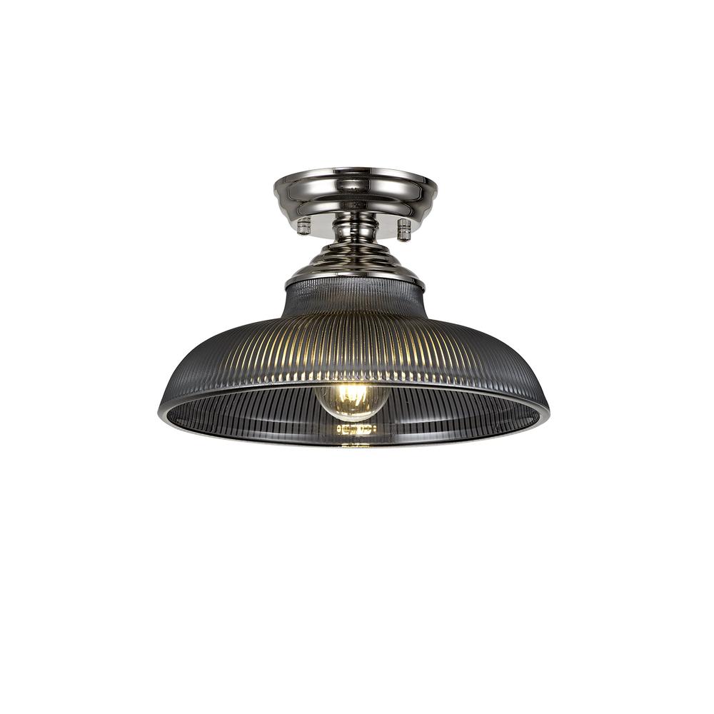 Luxuria Sirius Flush Ceiling Light E27 With Round 30cm Glass Shade Polished Nickel/Smoked