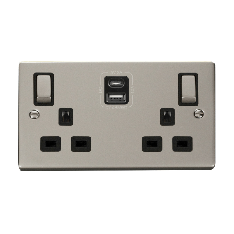 Click Deco 13A Ingot 2G Switched Socket With Type A & C USB 4.2A Outlets Pearl Nickel Insert Black