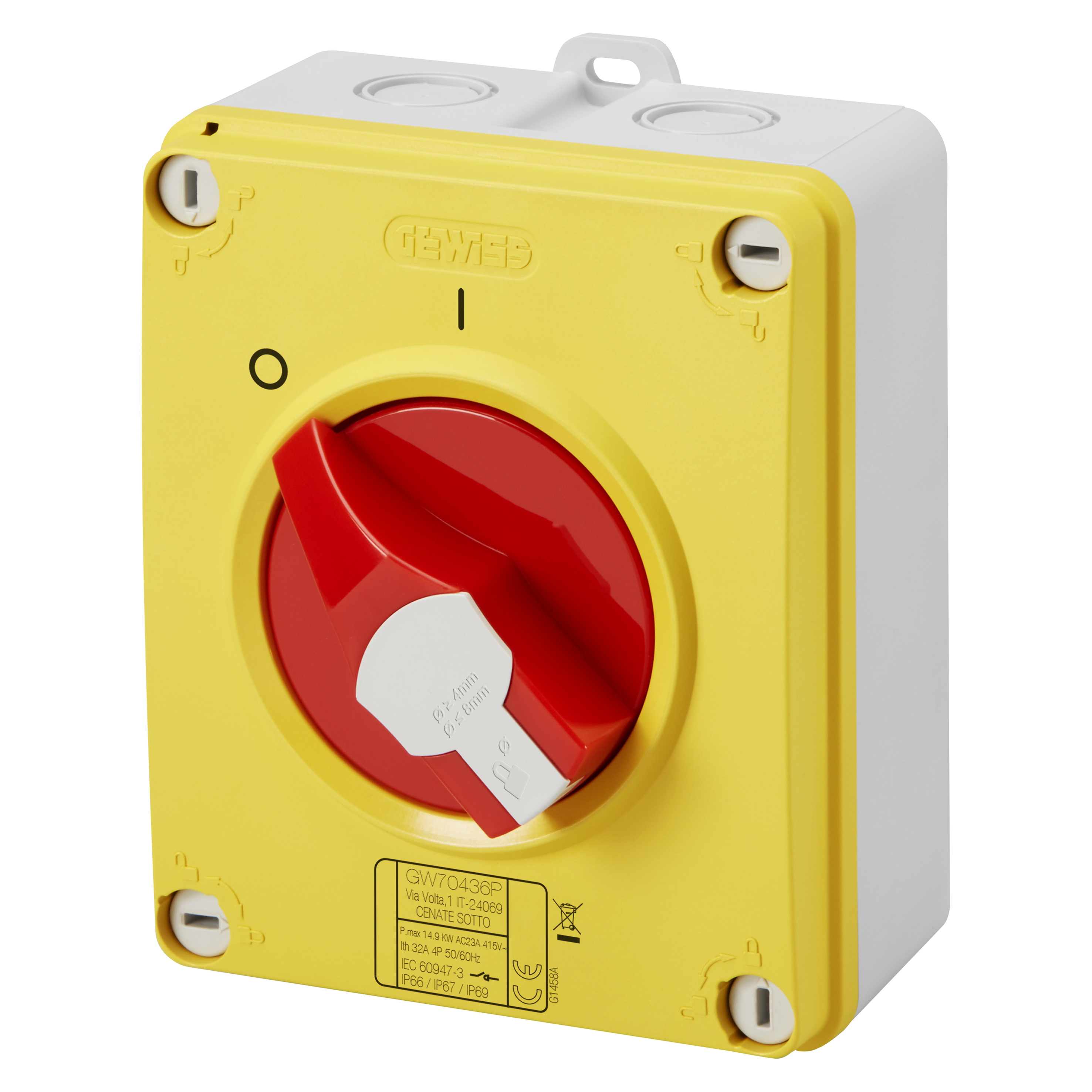 GW70435P Isolator - HP - Emergency - Isolating Material Box - 32A 3P - Lockable Red Knob - IP66/67/69