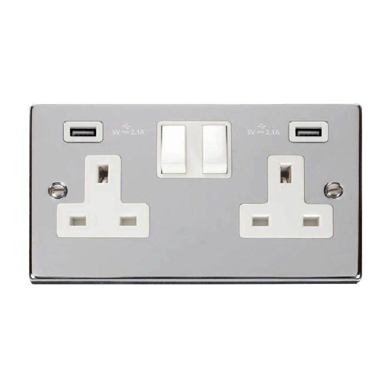 Click Deco 13A 2G Switched Socket with Twin 2.1A USB Outlets Polished Chrome Insert White