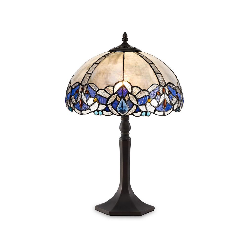 Luxuria Axis 1 Light Octagonal Table Lamp E27 With 30cm Tiffany Shade Blue/Clear Crystal/Aged Antique Brass