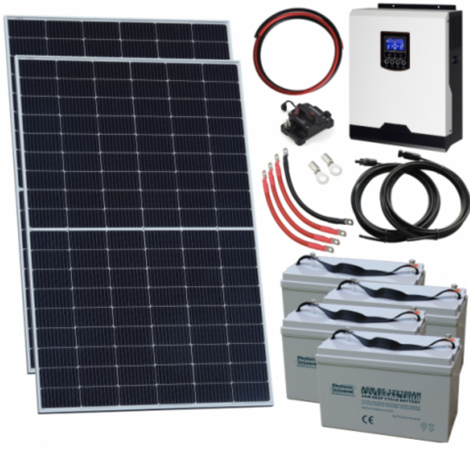 820W 24V Complete Off-Grid Solar Power System With 2 X 410W Sharp Solar Panels, 3Kw Hybrid Inverter And 4 X 100Ah Batteries