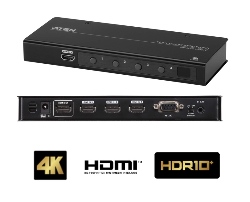 VS481C - Aten - 4 Port True 4K HDMI Switch, HDMI 2.0, 3D, Deep Colour, 4K, HDCP 2.2 compliant, with auto switching (4K &#64; 60Hz)