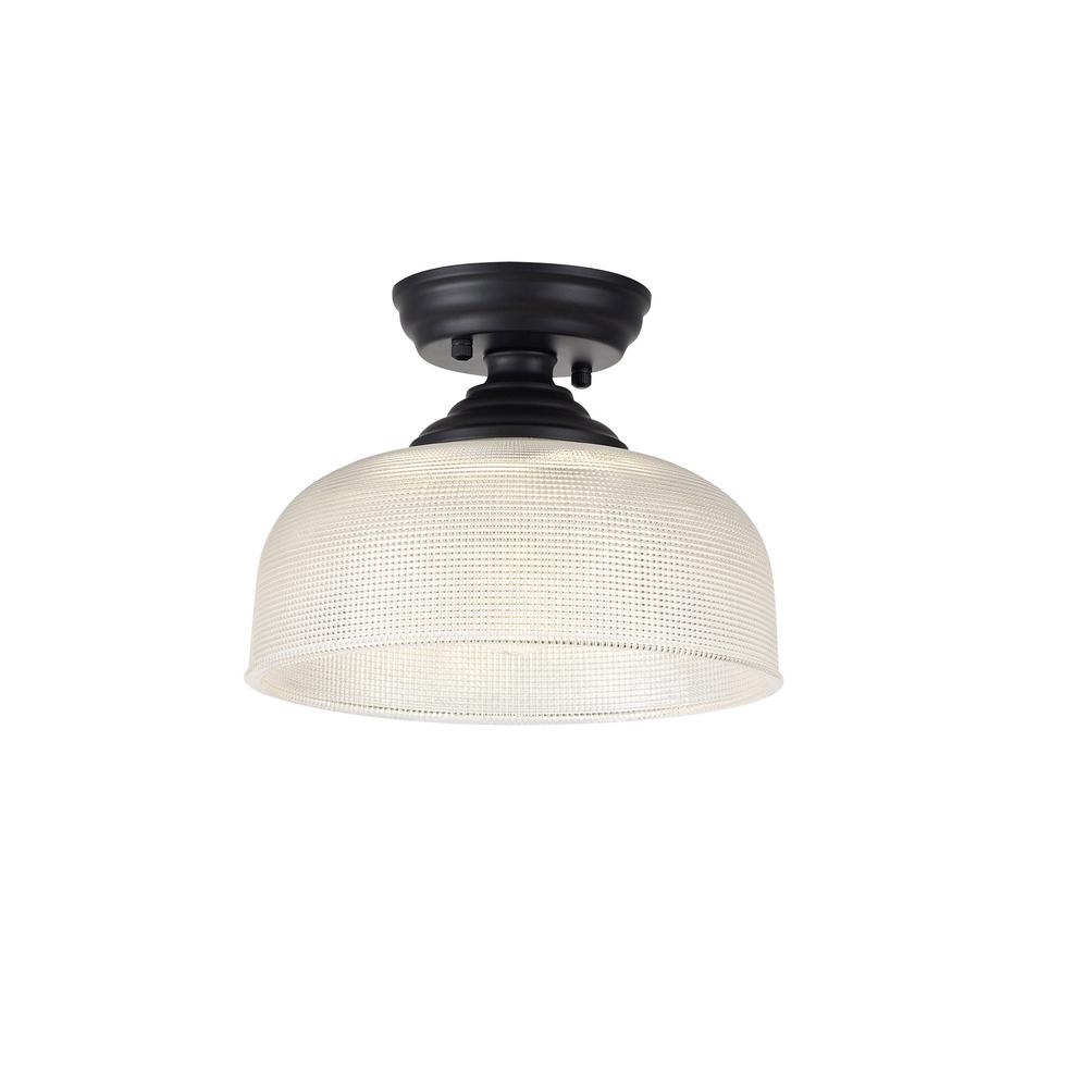 Luxuria Sirius Flush Ceiling Light E27 With Round 26.5cm Prismatic Effect Glass Shade Matt Black/Clear