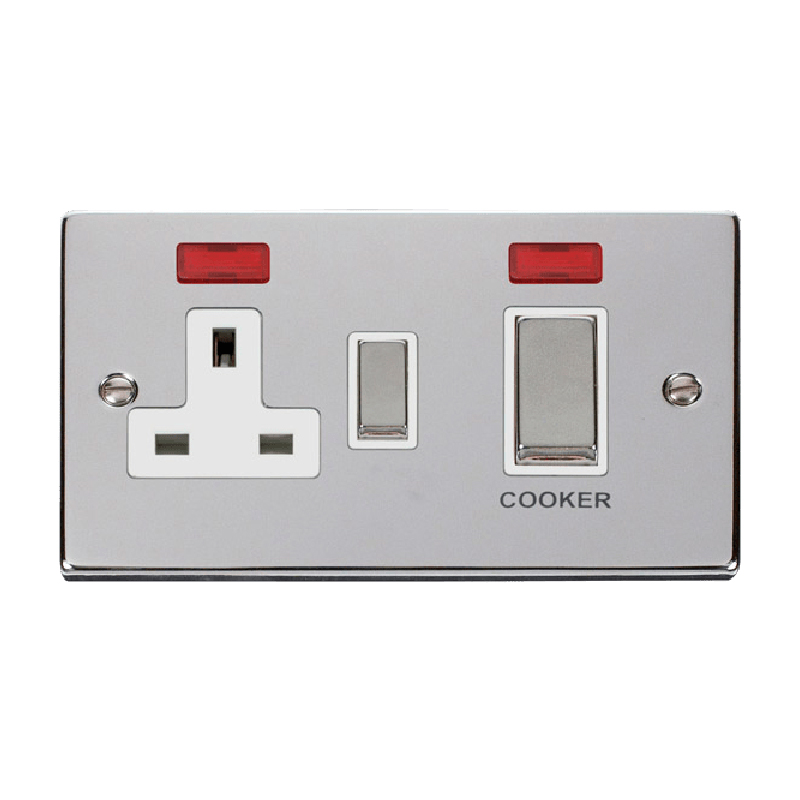 Click Deco 45A Ingot DP Switch with 13A Switched Socket and Neons Polished Chrome Insert White