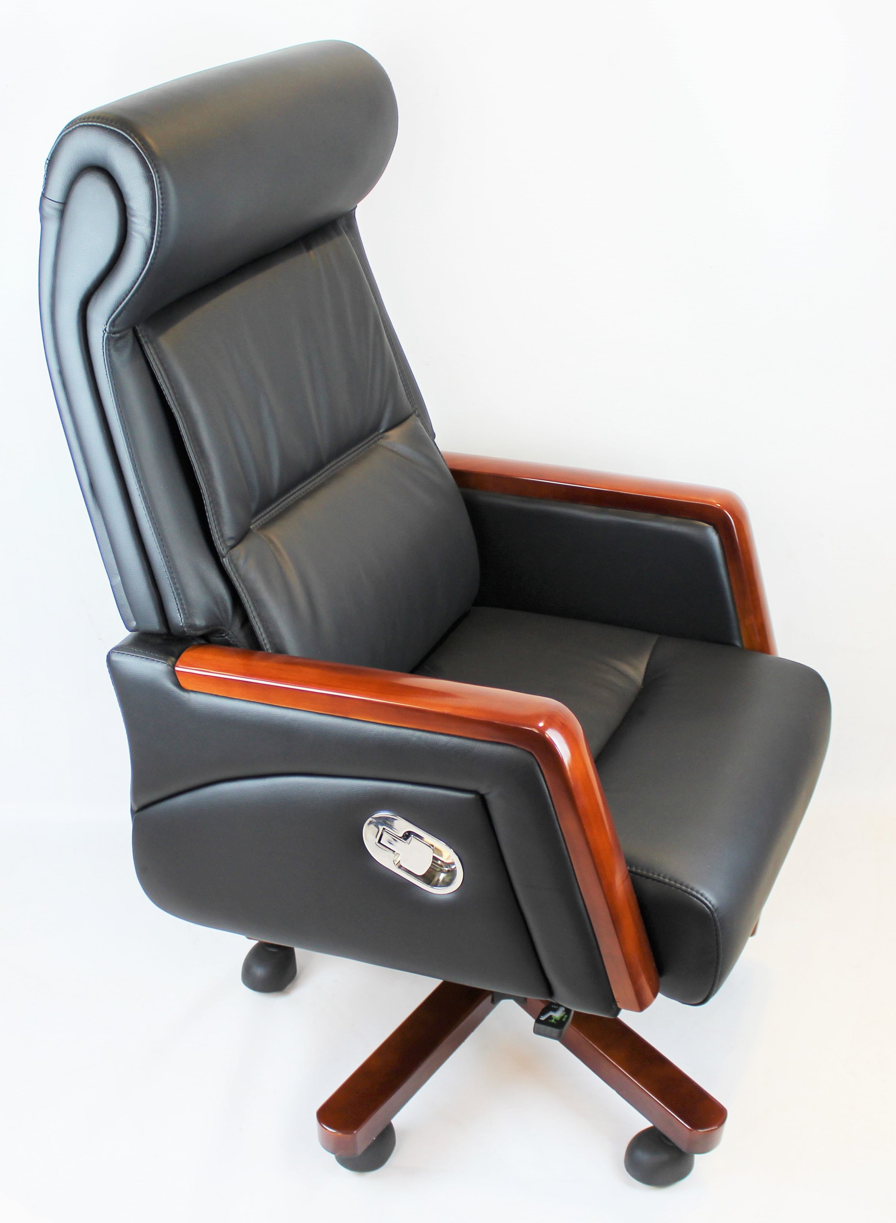 Reclining Black Leather Executive Office Chair with Wooden Arms - SZ-A109