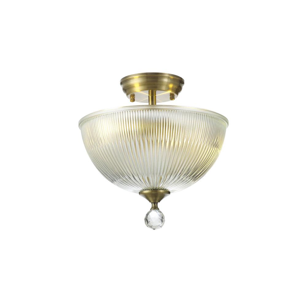 Luxuria Sirius Flush Ceiling Light 2xE27 With Dome 30cm Glass Shade Antique Brass/Clear