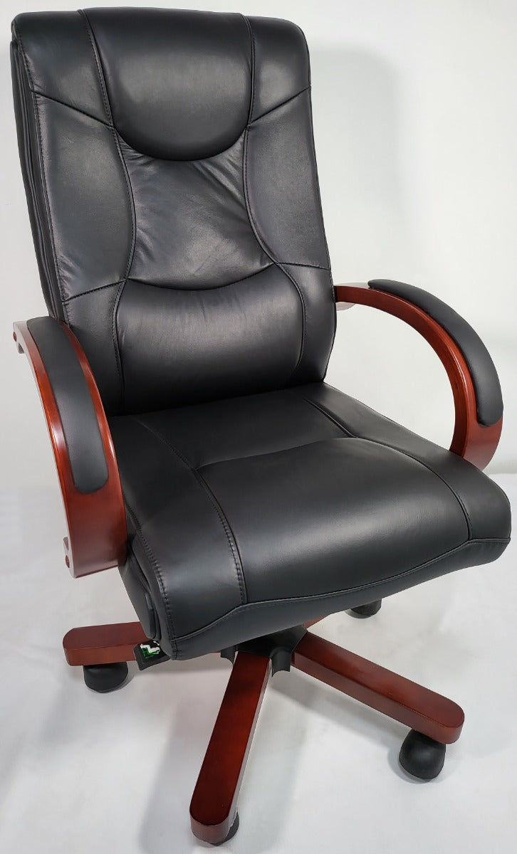 Genuine Black Leather Office Chair with Mahogany Arms - HSW-088 UK