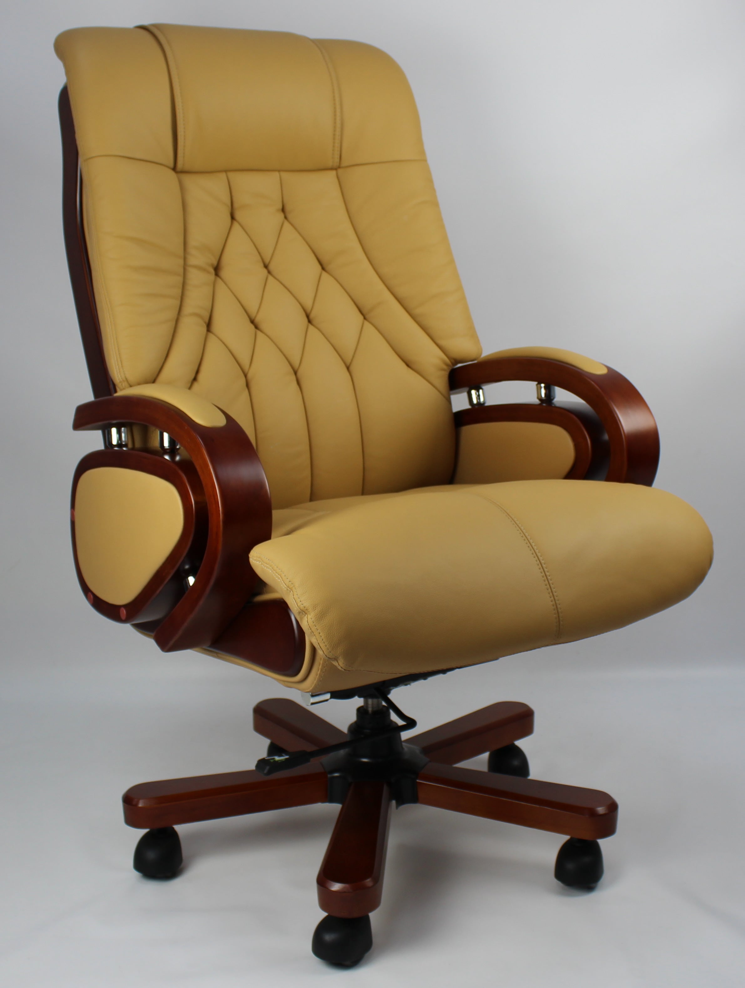 Genuine Leather Beige Executive Office Chair with Wooden Arms - A616 Near Me