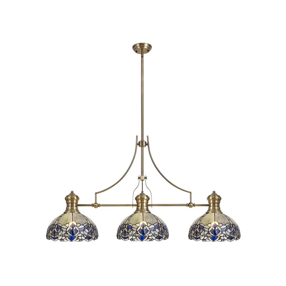 Luxuria Axis 3 Light Linear Pendant E27 With 30cm Tiffany Shade Antique Brass Blue Clear Crystal