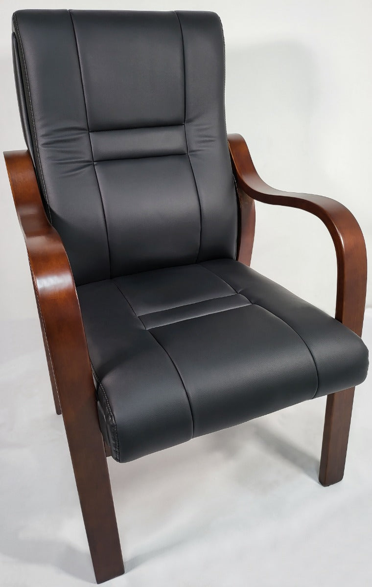 Black Leather Meeting Chair with Walnut Veneered Arms - C48 Huddersfield