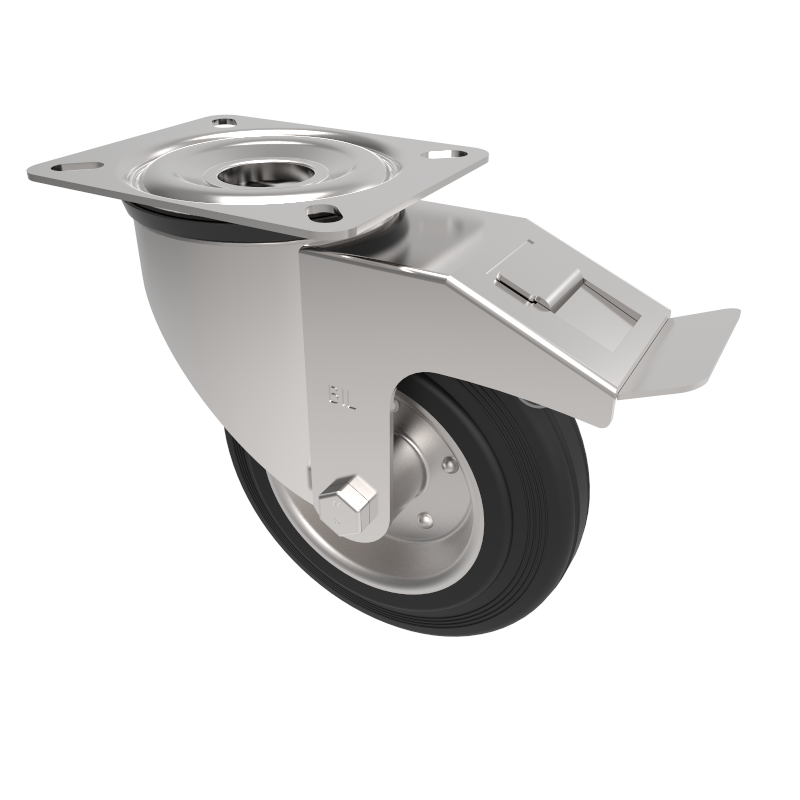 Black Rubber Pressed Steel Plate Swivel Castor Brake 160mm 140kg Load