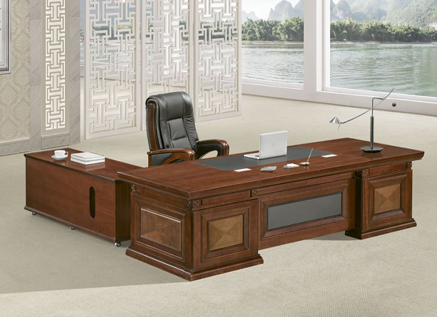 Large Traditional and Stylish Executive Office Desk Real Veneer - With Pedestal and Return - 2400mm / 2600mm / 2800mm - U3J241 Huddersfield