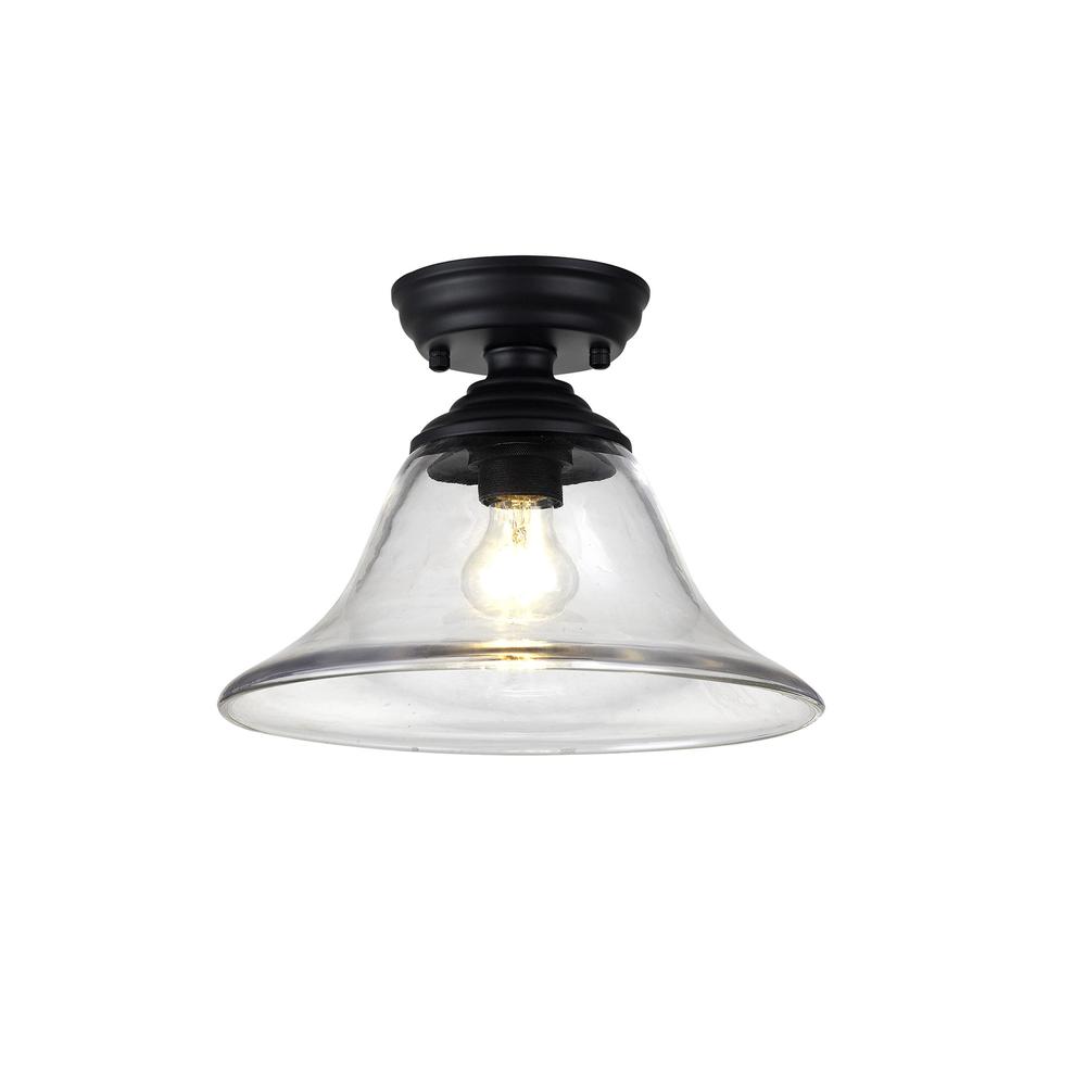 Luxuria Sirius Flush Ceiling Light E27 With Smooth Bell 30cm Glass Shade Matt Black/Clear