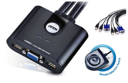 CS22U - Aten - 2-Port USB and VGA Cable KVM Switch. With leaded remote control switch. (Aten 2 Port USB Cable KVM Switch)