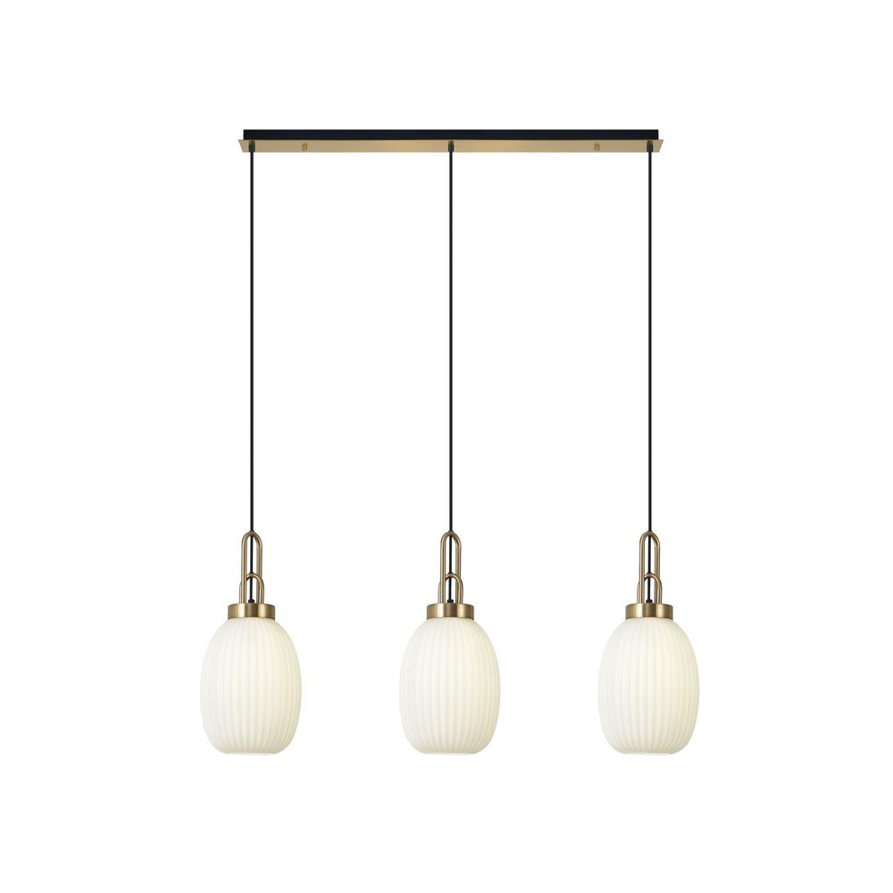 Luxuria Kennith Linear 3 Light Pendant E27 With 20cm Almond Ribbed Glass Opal Brass Gold/Matt Black