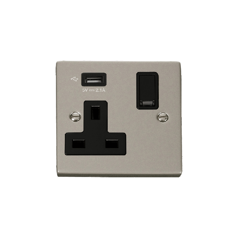 Click Deco 13A 1G Switched Socket with Single 2.1A USB Pearl Nickel Insert Black