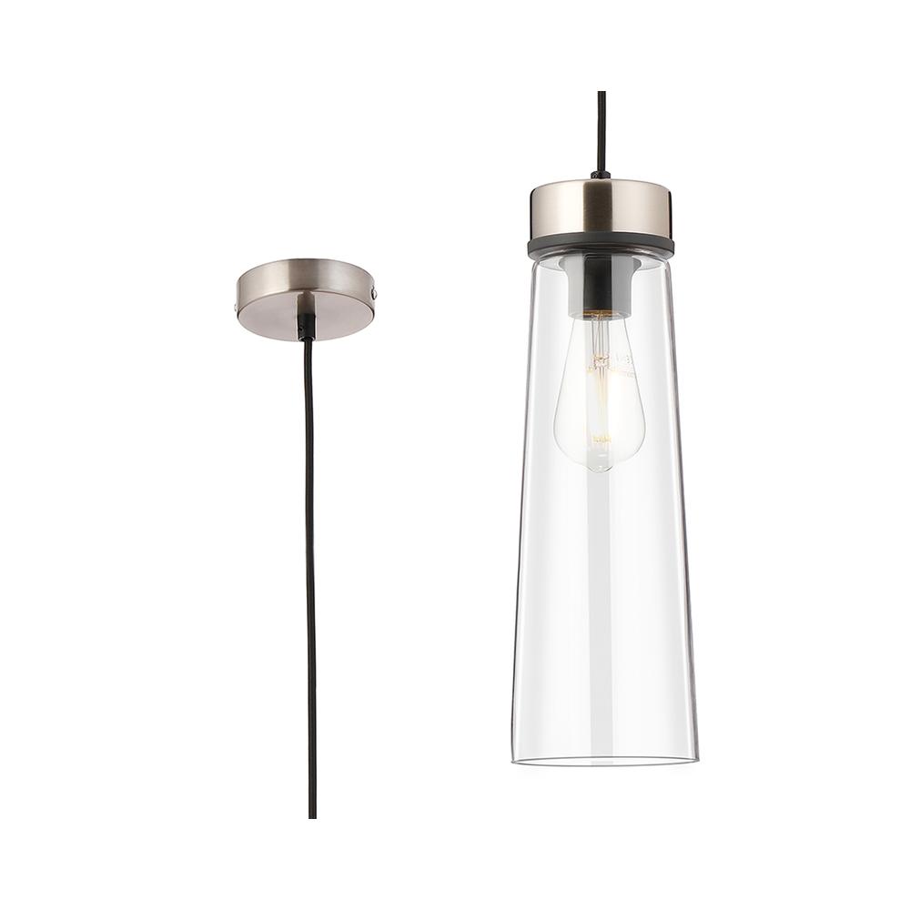 Luxuria Meash 13cm Pendant Light E27 With Large Clear Cylindrical Cone Glass Satin Nickel / Clear / Black Fabric