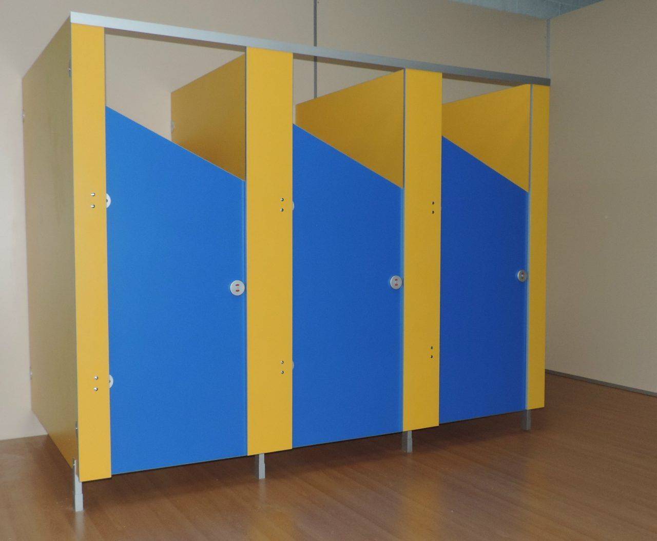Manufacturers Of Blue Sloped Doors Childrens Toilet Cubicles UK