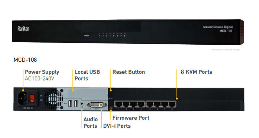 MCD-108 Raritan MasterConsole Digital KVM switch 1 User, 8 Ports, UTP, 1920 x 1200 75Hz (VGA)/1920 x 1080 60Hz (DVI) Video Resolution ( DVI KVM Switch )HDMI KVM, DisplayPort KVM