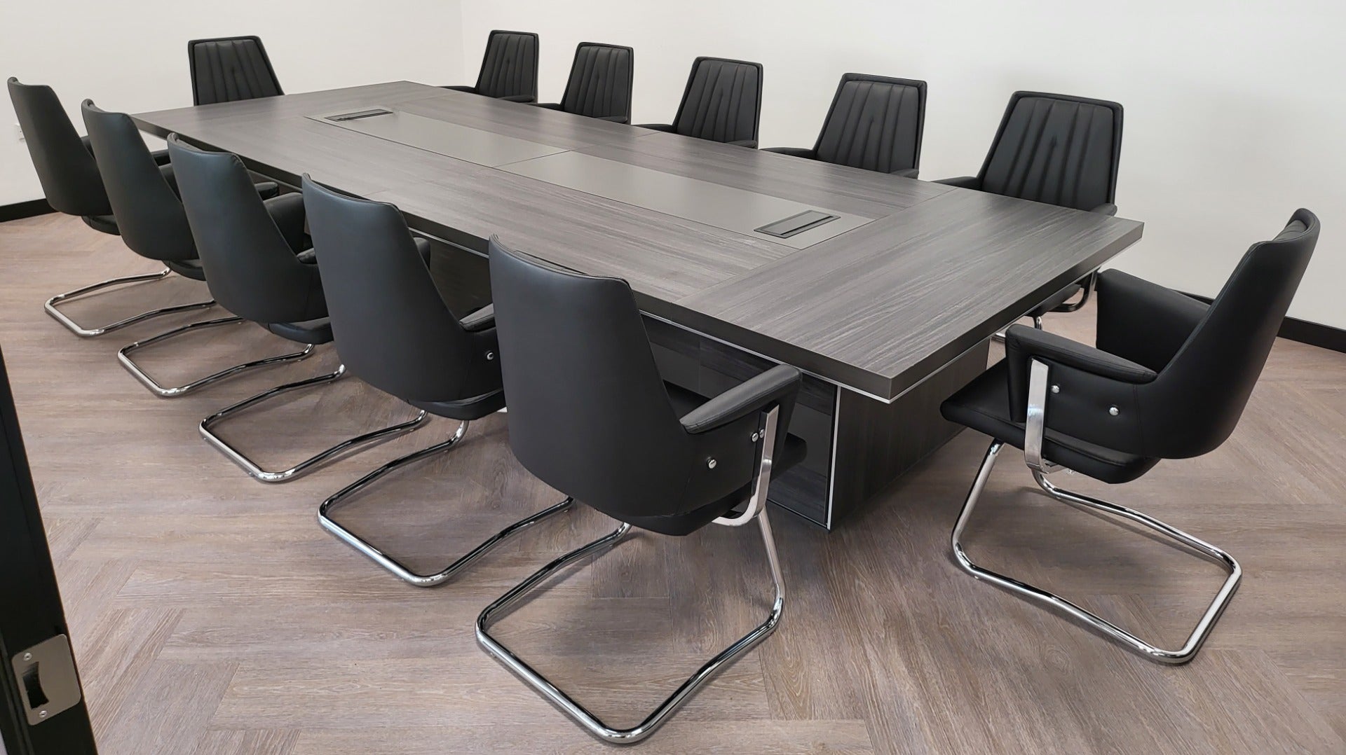 Providers Of Modern Large Grey Oak Meeting Table with Built in Storage - Sizes from 2800mm to 6000mm - LX-MET Huddersfield