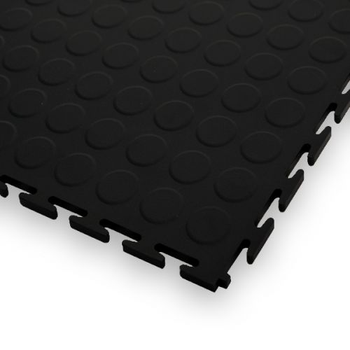 Garage Floor Tiles, 7mm Thick PVC - Raised Disk Texture-Black