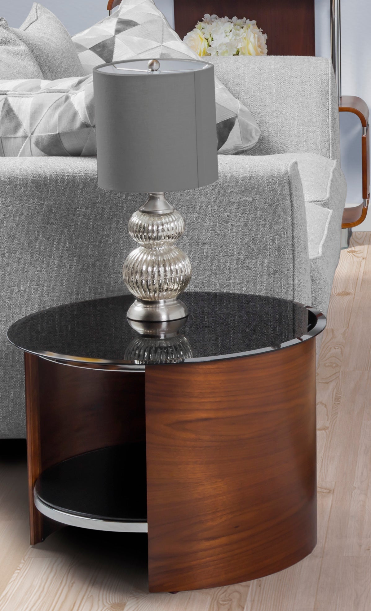 Specialising In Round Black Glass Lamp / Side Table with Walnut Veneer - 610mm - JF303 UK