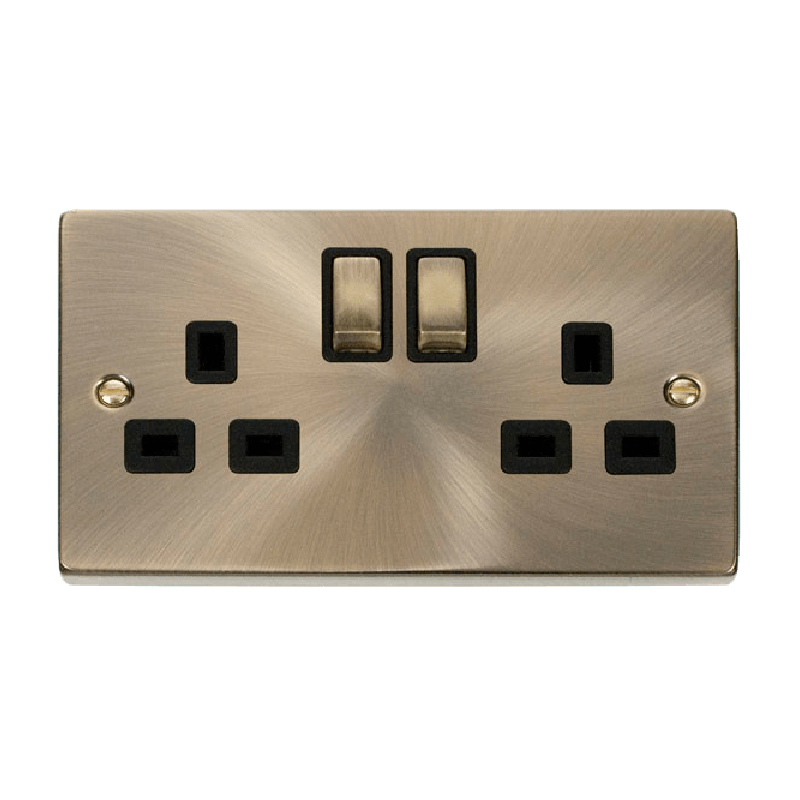 Click Deco 2 Gang 13A DP 'Ingot' Switched Socket Outlet (Twin Earth) Antique Brass Insert Black