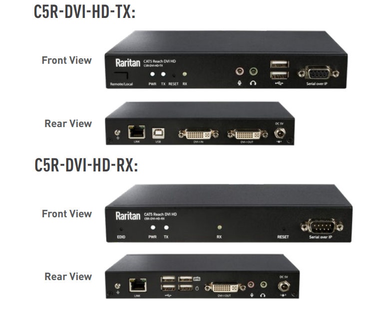 C5R-DVI-HD - Raritan - DVI KVM Extender PAIR. Multiscreen UTP Raritan Cat5 Reach TX Transmitter and RX Receiver KIT. DVI-I & USB keyboard & Mouse, Audio , IR EDID emulation ( DVI-I Output ) VGA/DVI Extender Kit - IP Ethernet extender