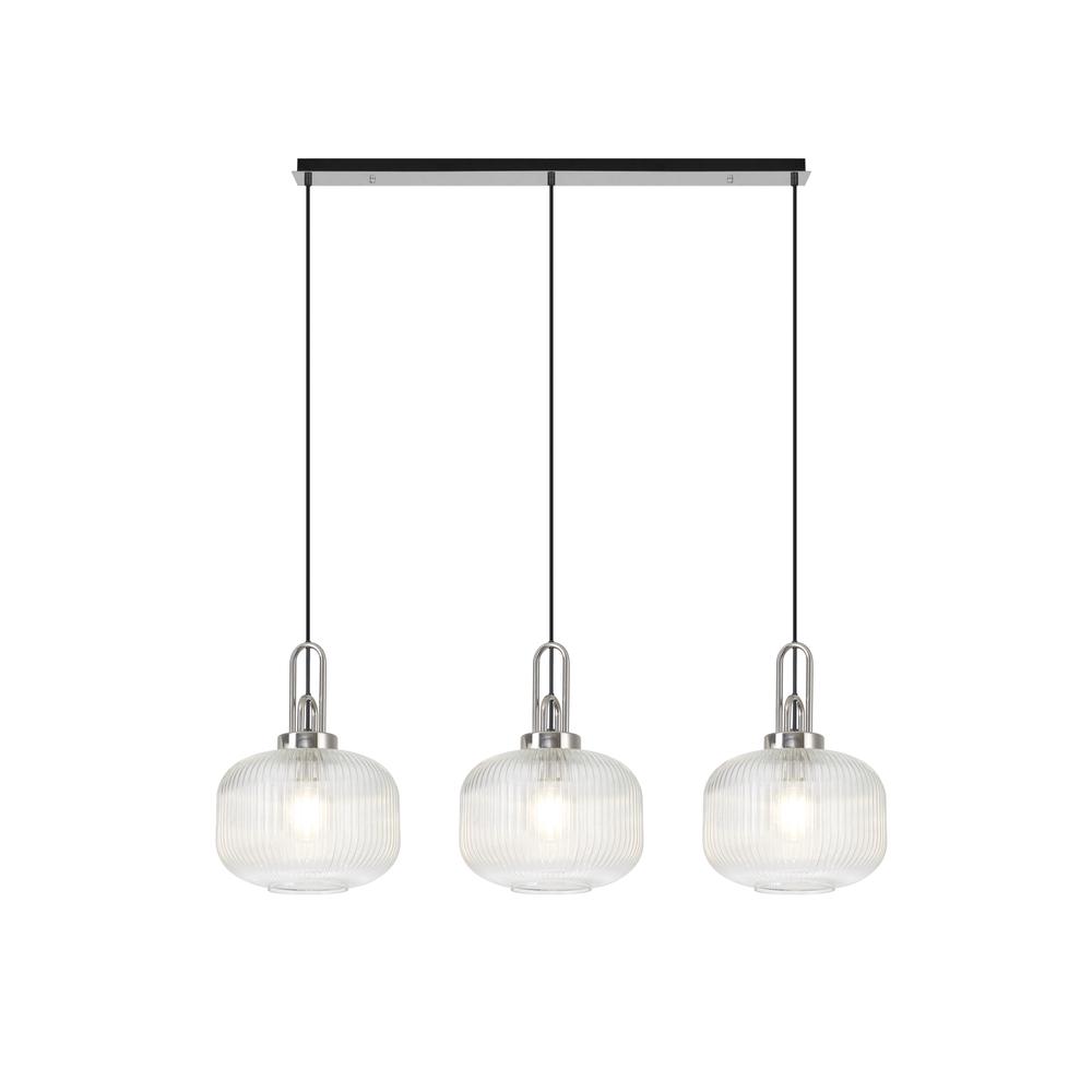 Luxuria Kennith Linear 3 Light Pendant E27 Polished Nickel/Matt Black With 30cm Pumpkin Shaped Ribbed Clear Glass