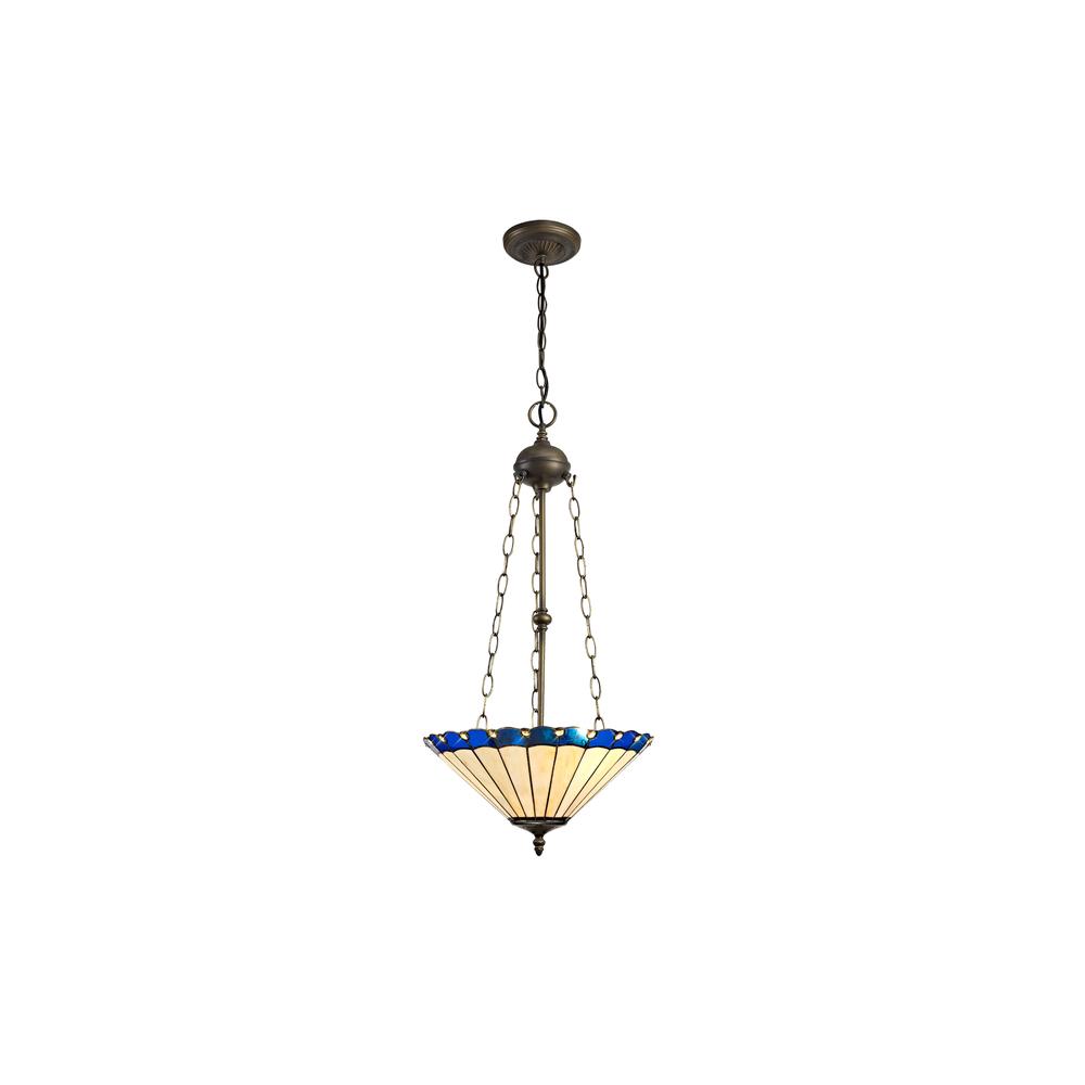 Luxuria Sleek 40.5cm 3 Light Uplighter Pendant E27 With 40cm Tiffany Shade Blue/Cream/Crystal/Aged Antique Brass