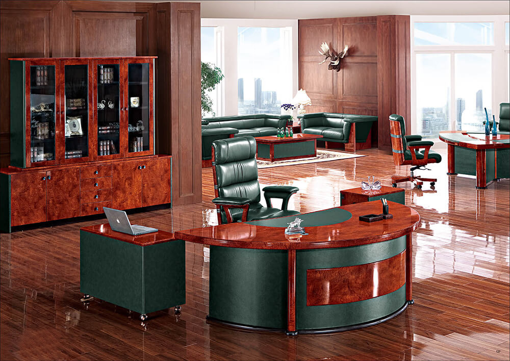 Providers Of Gloss Walnut and Green Leather Curved Executive Office Desk - 6833 UK