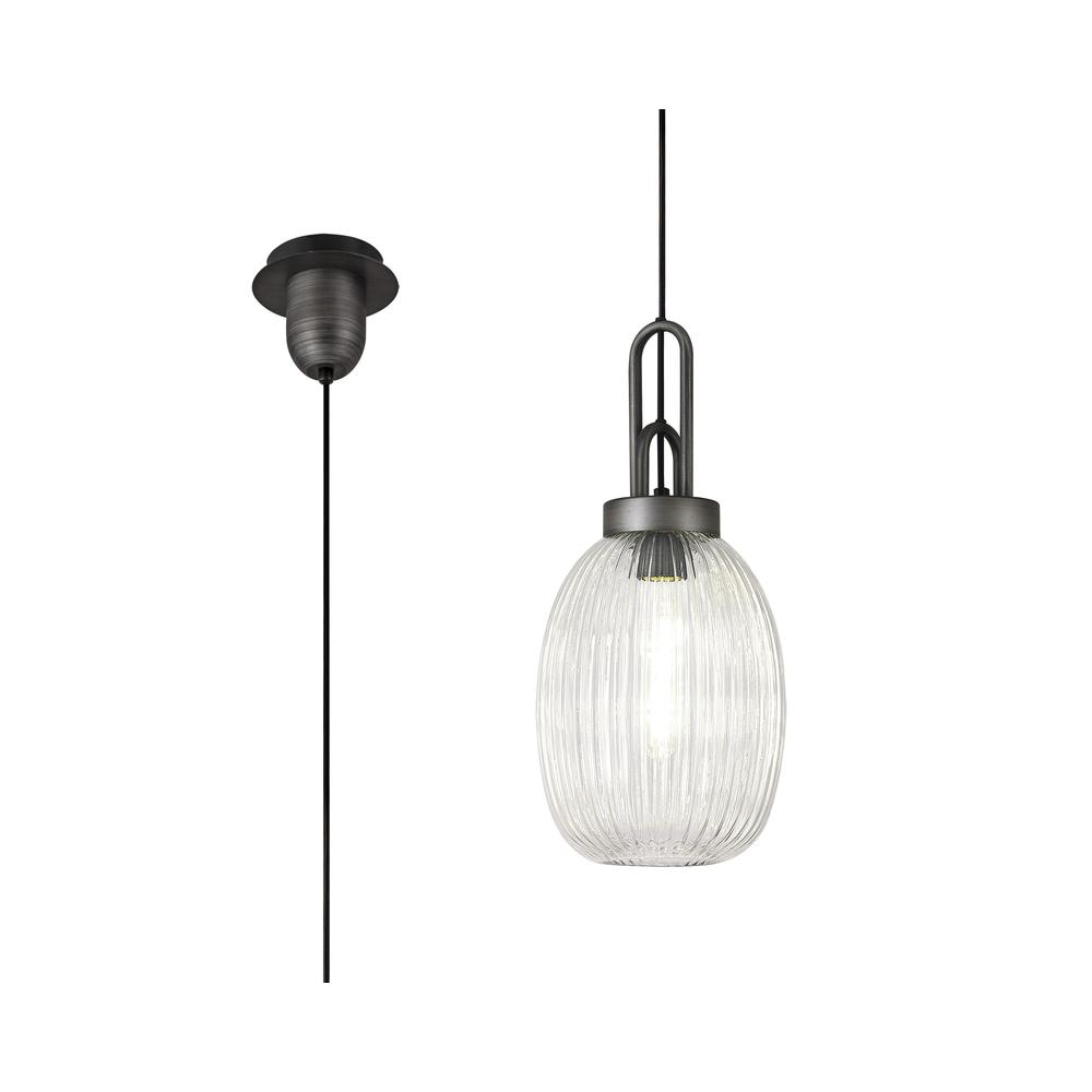 Luxuria Kennith Pendant Light E27 20cm Almond Ribbed Glass Clear Black/Aged Pewter