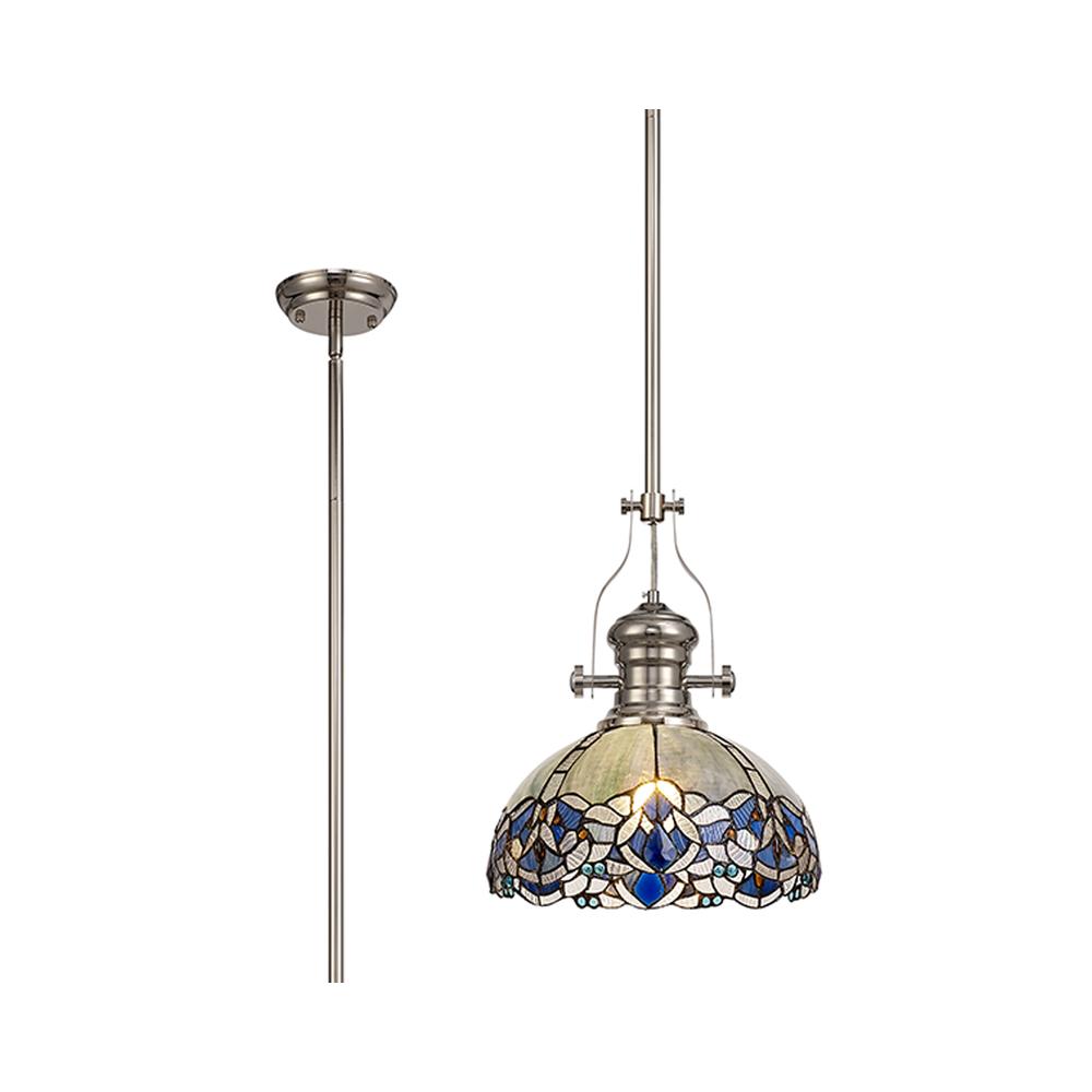 Luxuria Axis Pendant Light E27 With 30cm Tiffany Shade Polished Nickel/Blue/Clear Crystal