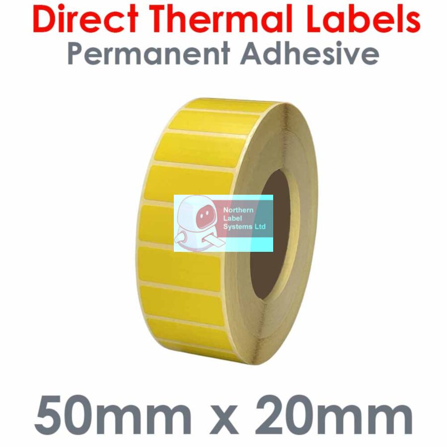 050020DTNPY1-5000, 50mm x 20mm, YELLOW, Direct Thermal Labels, Permanent Adhesive, 5,000 per roll, For Larger Label Printers