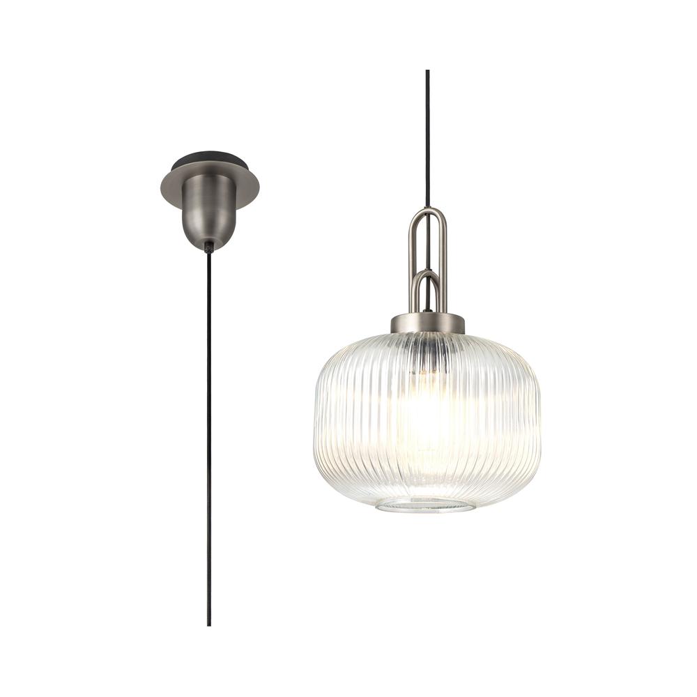 Luxuria Kennith Pendant Light E27 30cm Pumpkin Shaped Ribbed Glass Clear Antique Silver/Black