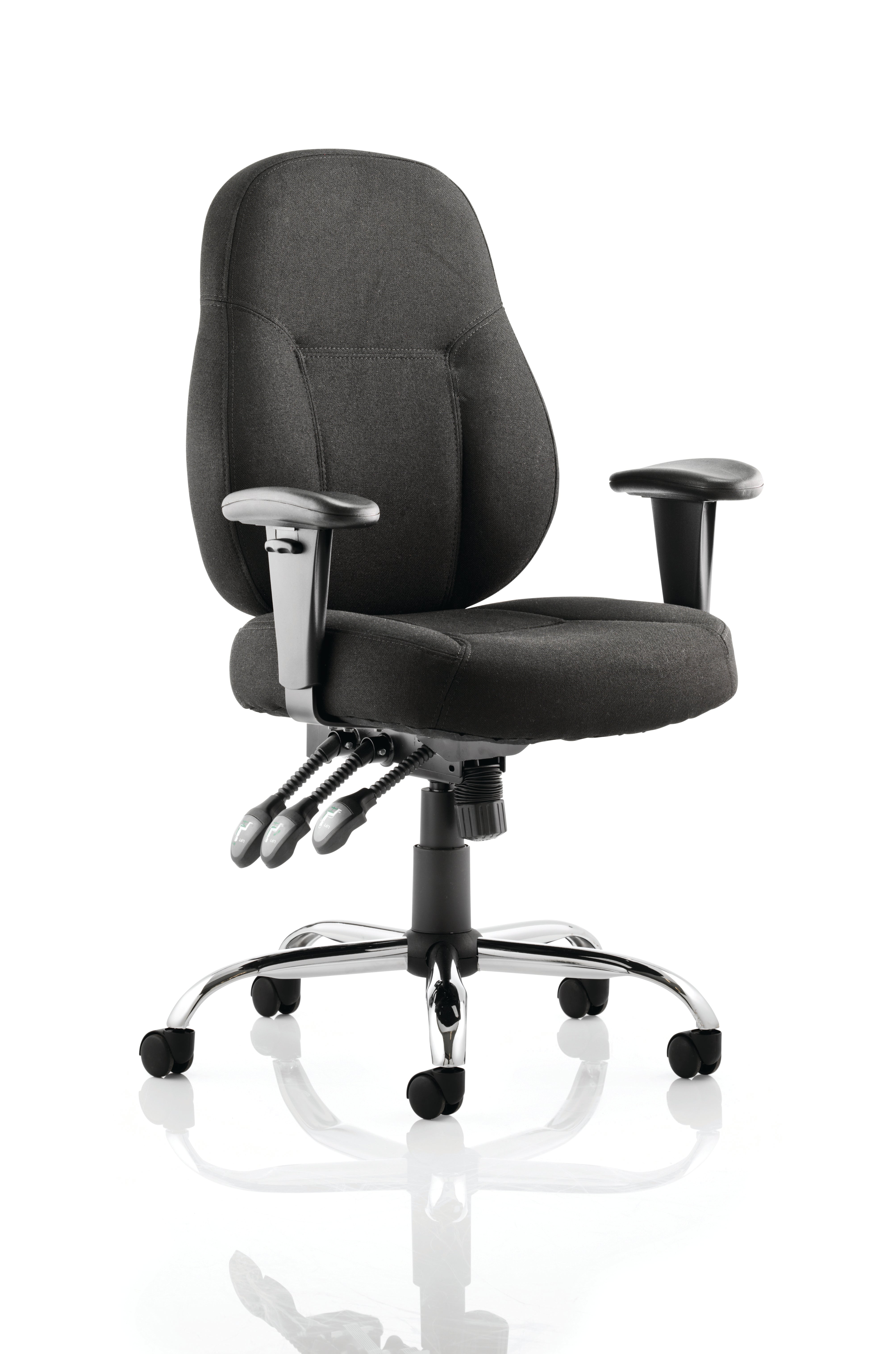 Suppliers Of Storm High Back Task Operator Office Chair with Height Adjustable Arms - Black or Blue Fabric - Black Leather UK