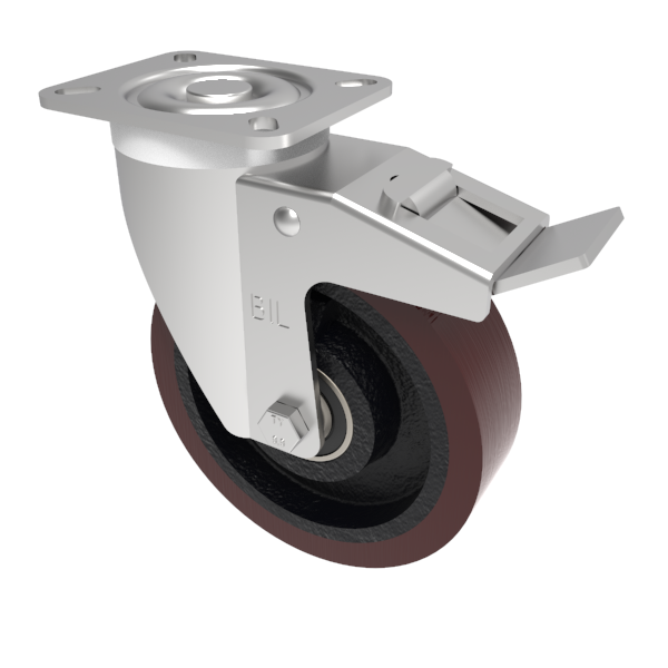 Polyurethane Cast Iron Plate Swivel Castor Brake 150mm 400kg Load